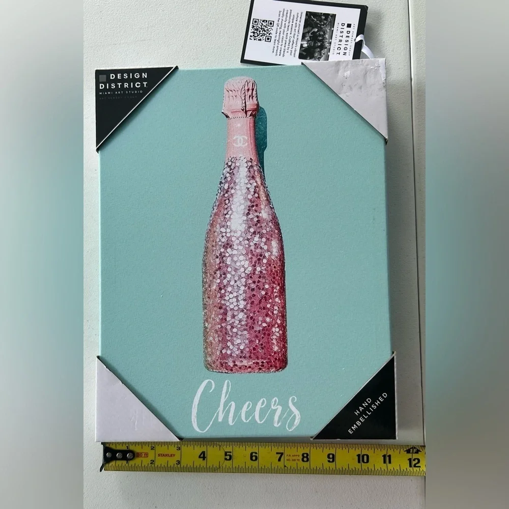 NEW!District Cheers Canvas Art - Chanel Pink & Green Wine Bottle-Wood Doughnut